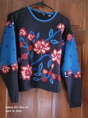 Carole Little Navy Crewneck Sweater with Blue & Red Floral Embroidery